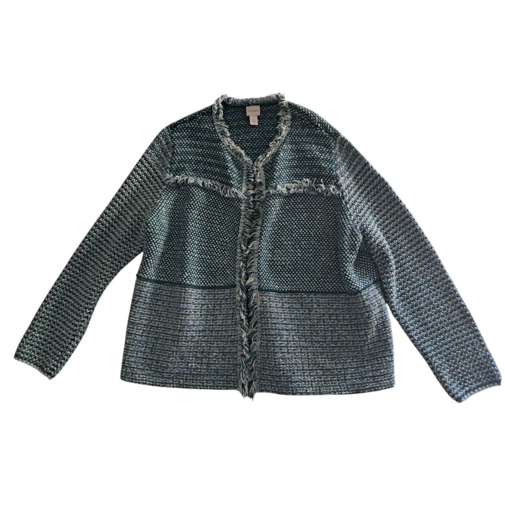 Chico's Green Tweed Fringe Open Front Cardigan Sweater Wool Blend Women's 3‎ XL